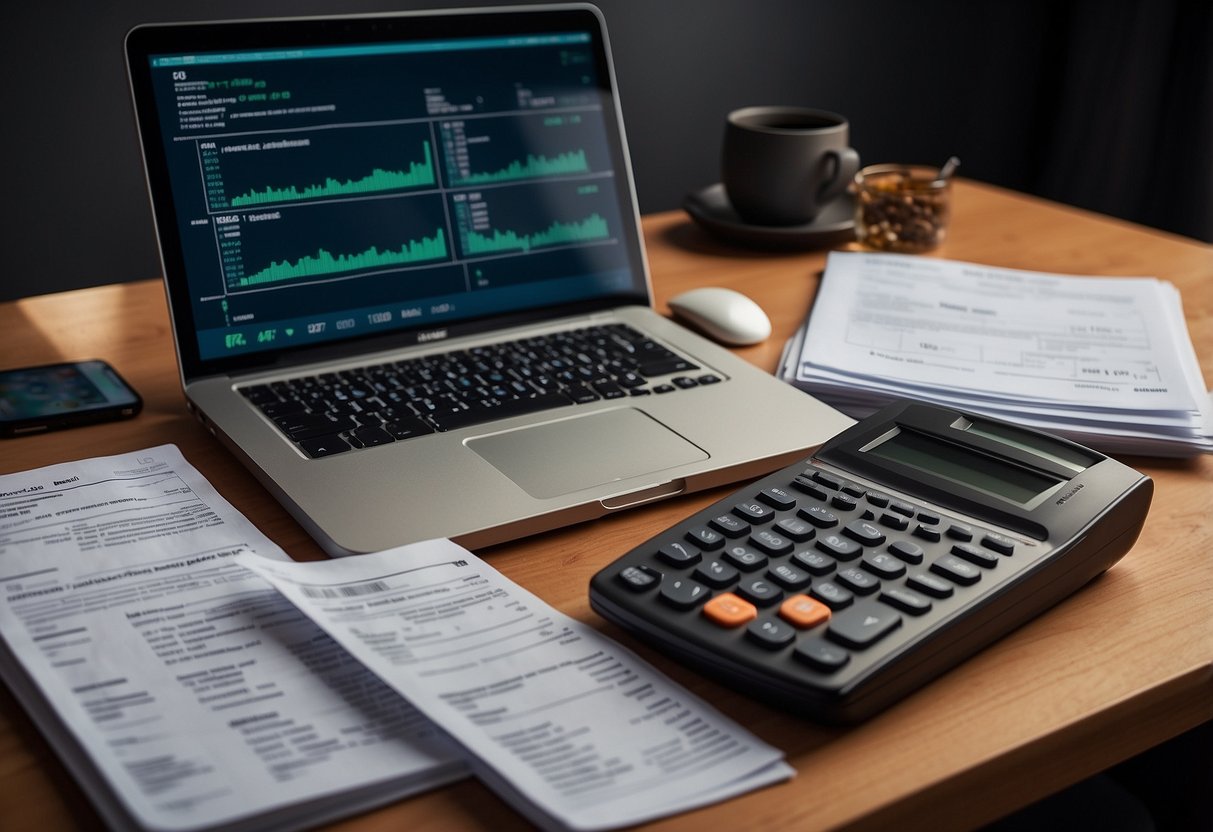 A desk with a laptop, calculator, and financial documents