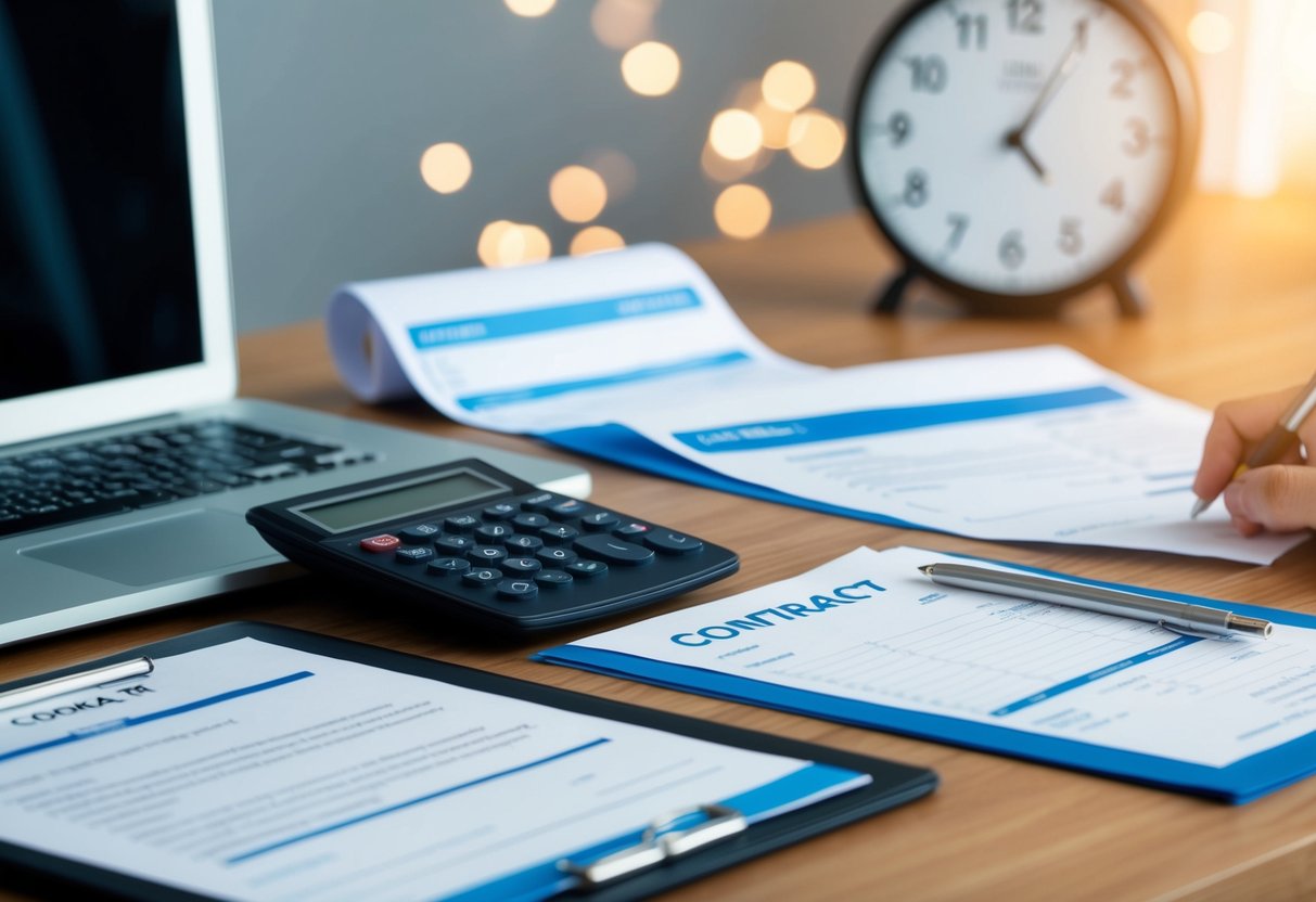 Un bureau avec un ordinateur portable, une calculatrice et des papiers. Un contrat et des factures de paiement sont visibles. Une horloge au mur indique 17h00.