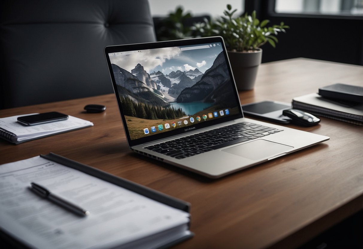 A desk with a laptop, phone, and paperwork. A professional setting with a modern, clean aesthetic